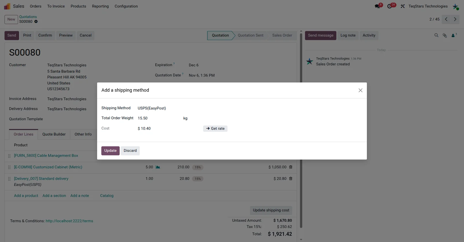 Odoo sales order using an EasyPost delivery method with the shipment quote on the order