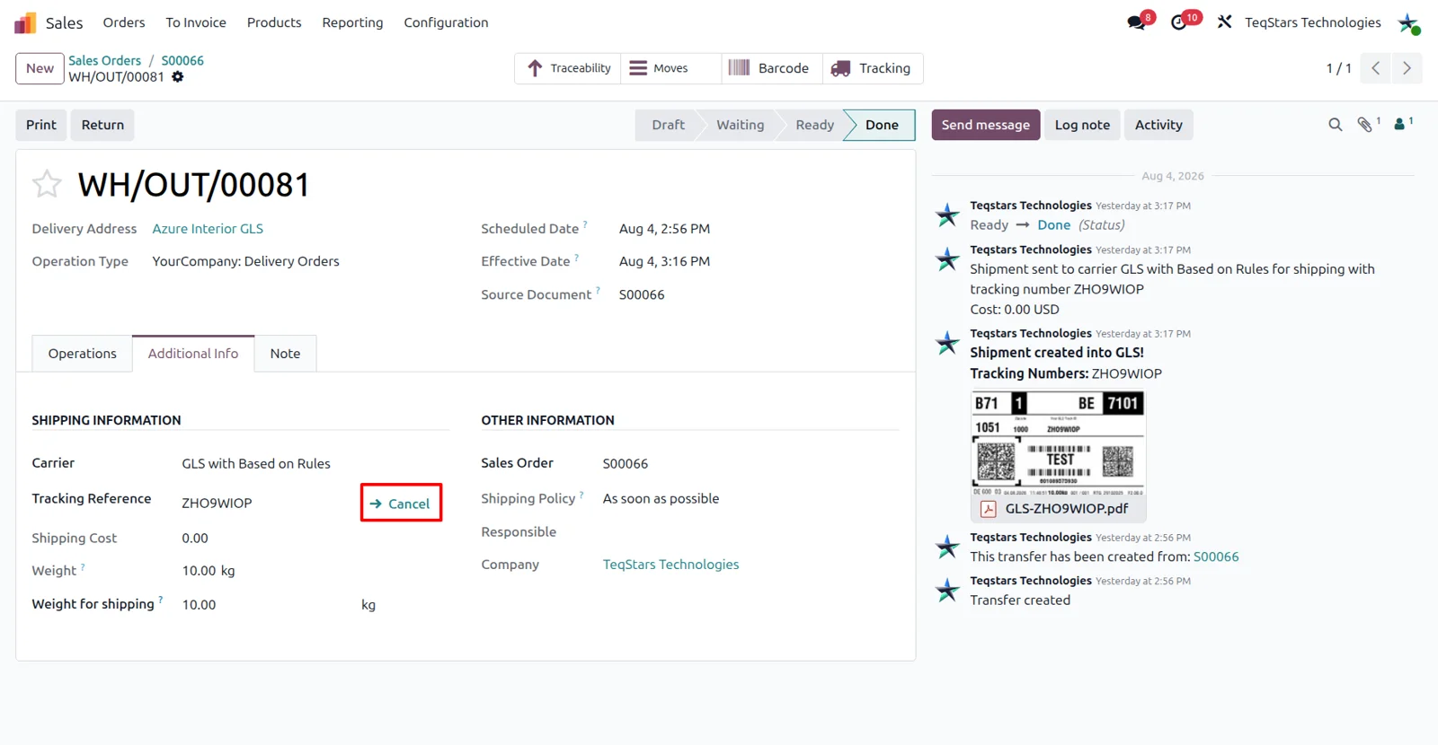 Cancelling a registered GLS shipment from an Odoo delivery order with the Cancel button