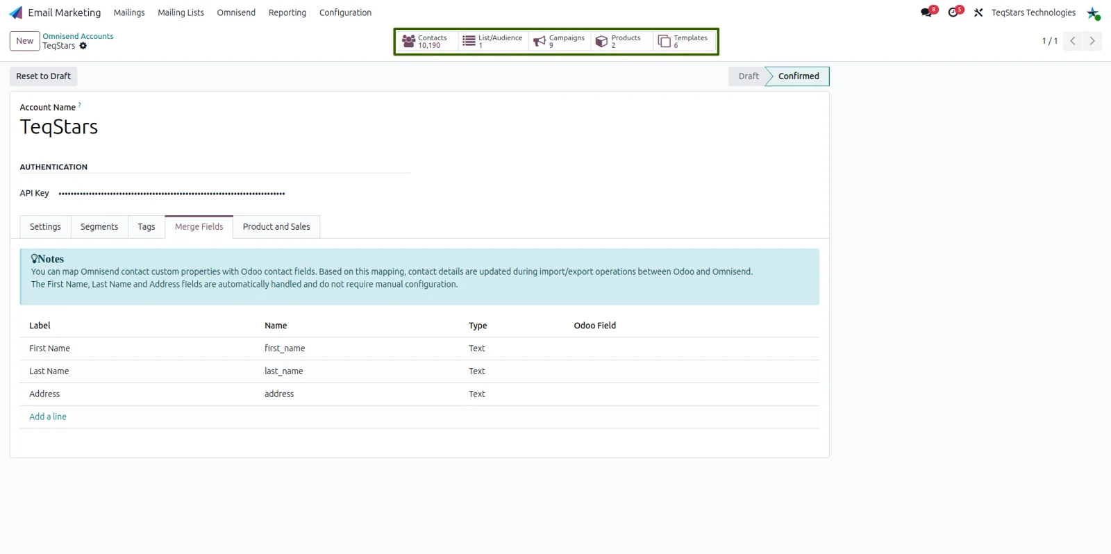 Odoo Omnisend account form showing Odoo contact fields paired with Omnisend contact attributes