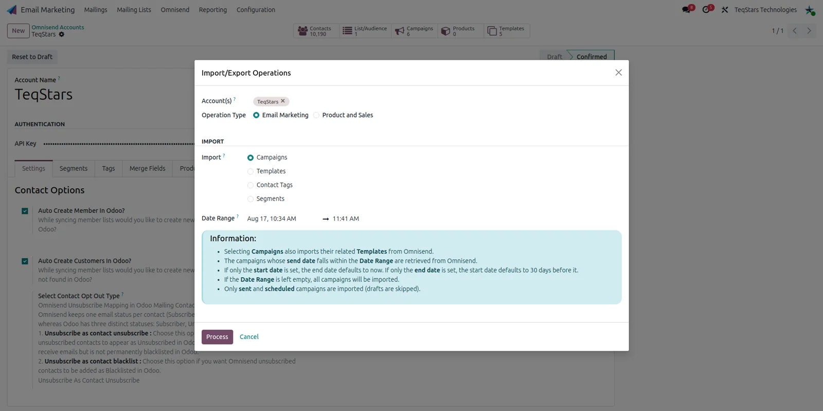 Import and export wizard in Odoo listing the available Omnisend Connector operations