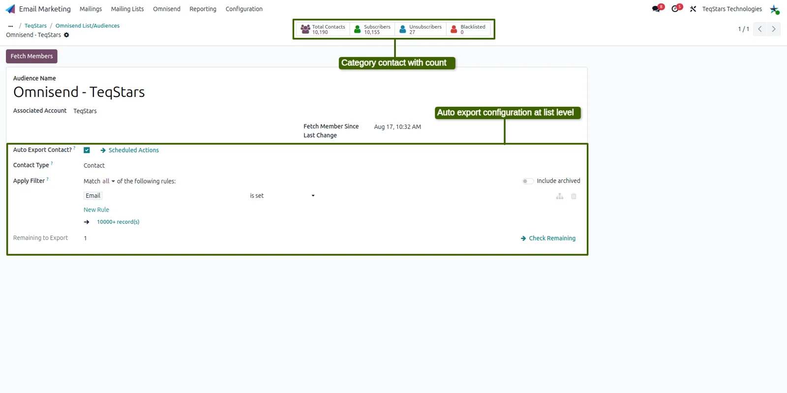 Omnisend audiences list in Odoo with sync actions for each audience