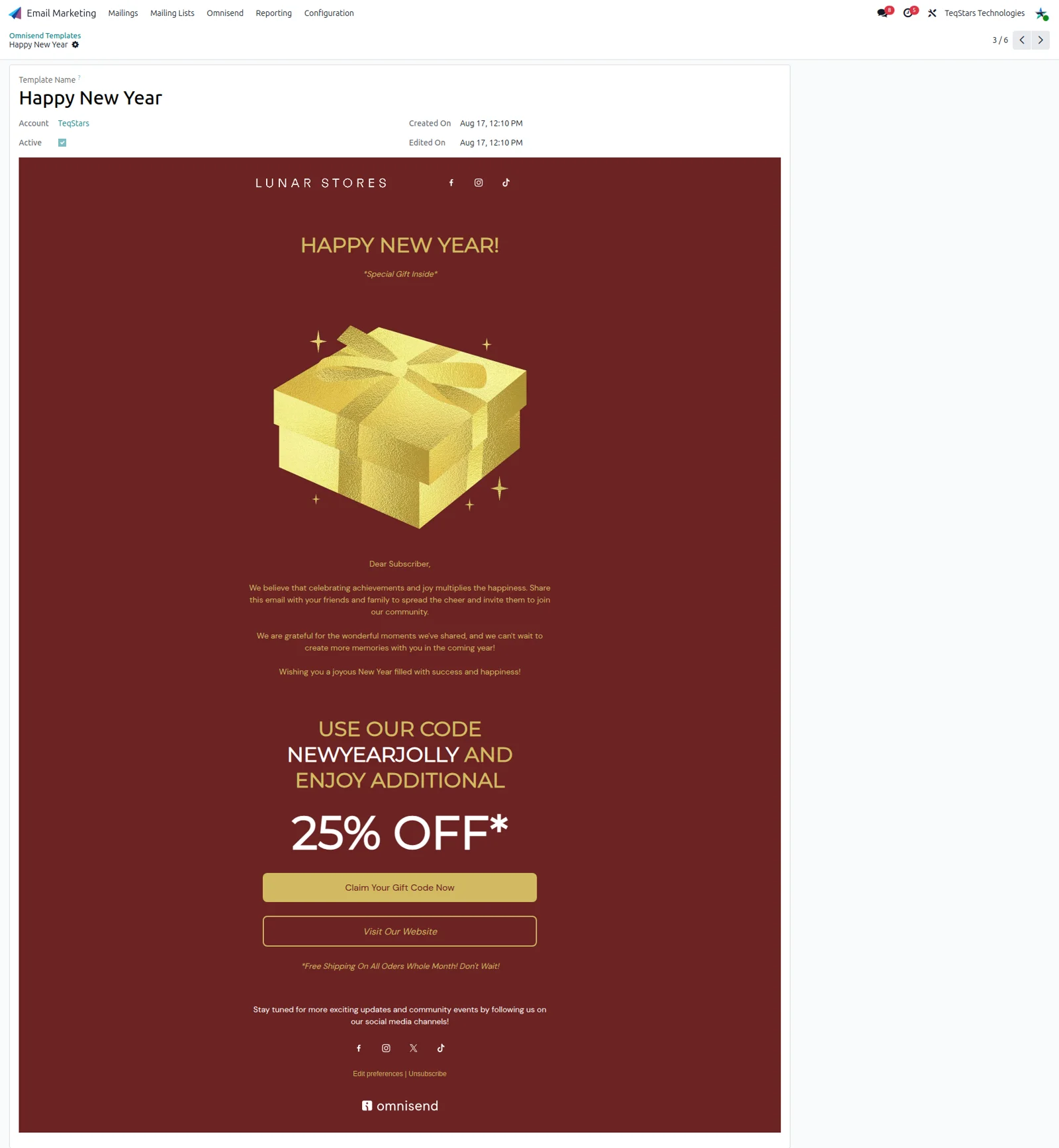 Imported Omnisend email template open in Odoo with its HTML body content