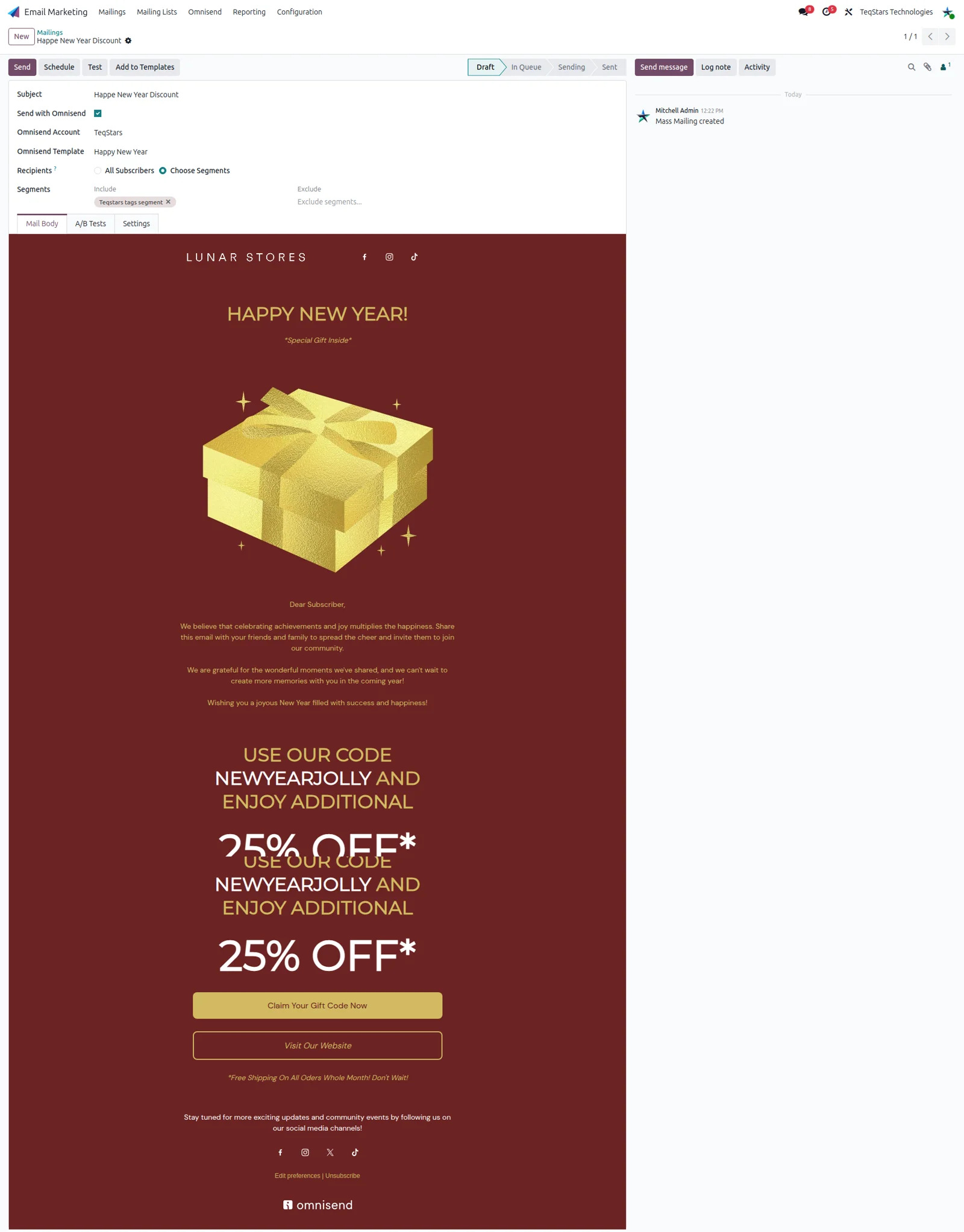 Odoo campaign form using a synced Omnisend audience and an imported email template