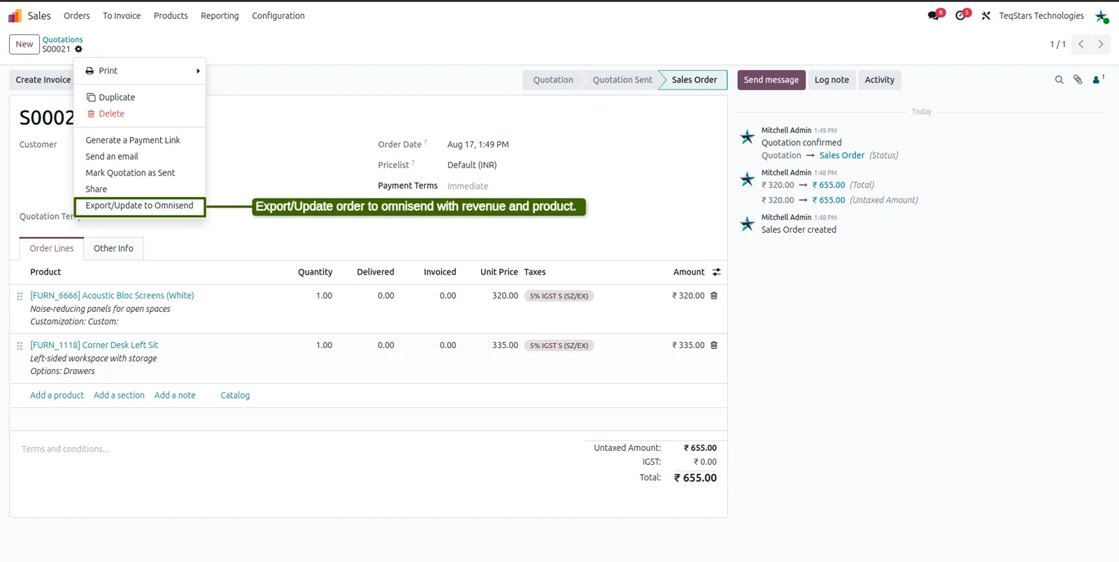 Odoo sale order exported to Omnisend by the Omnisend Connector for e-commerce automations