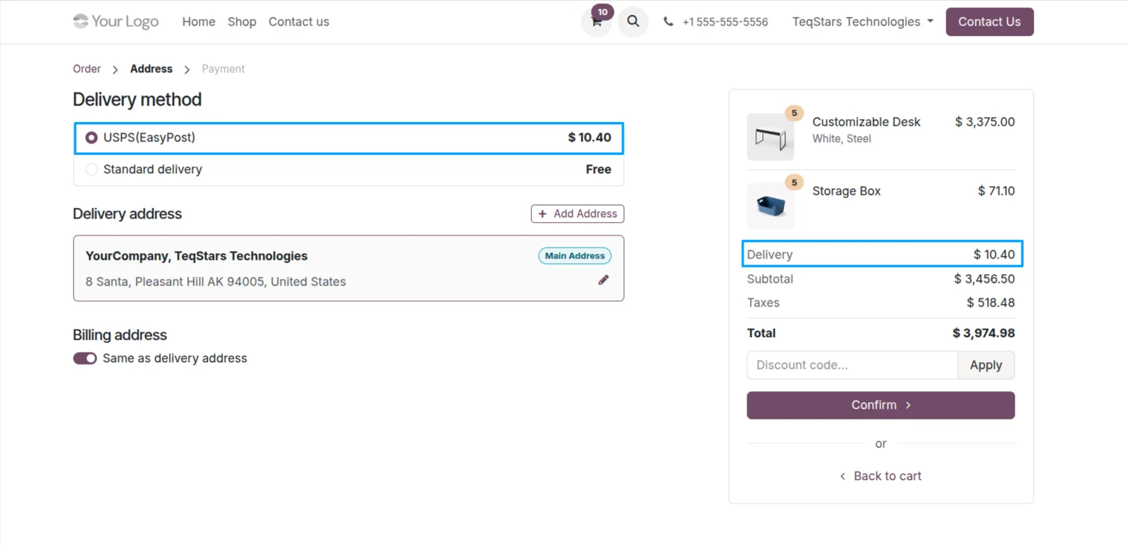 EasyPost delivery methods shown to a shopper during checkout on an Odoo website order