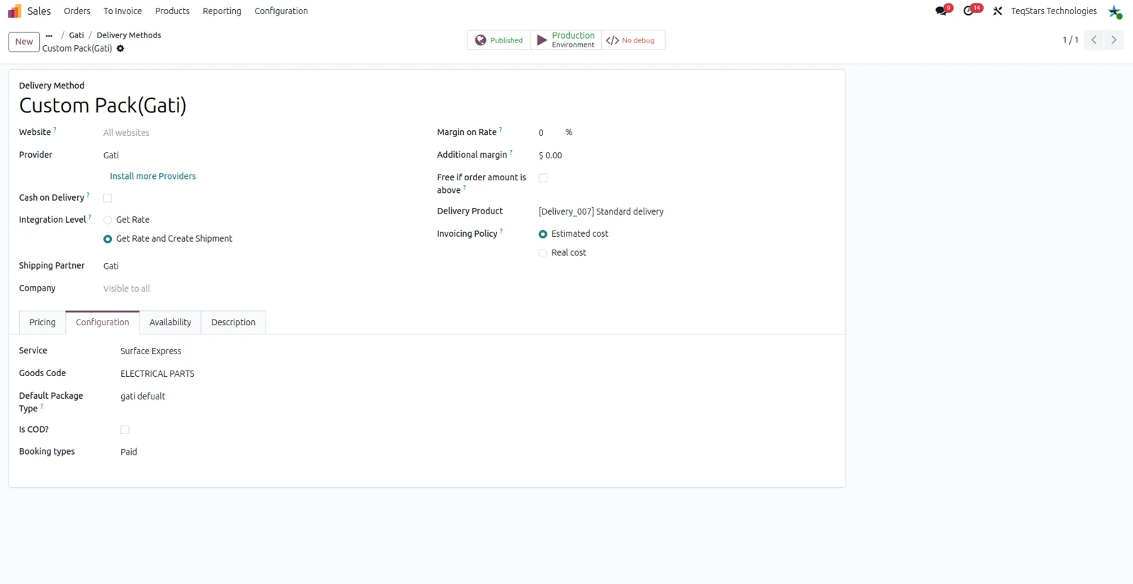 Gati delivery method configuration form in Odoo with the Gati Connector settings filled in