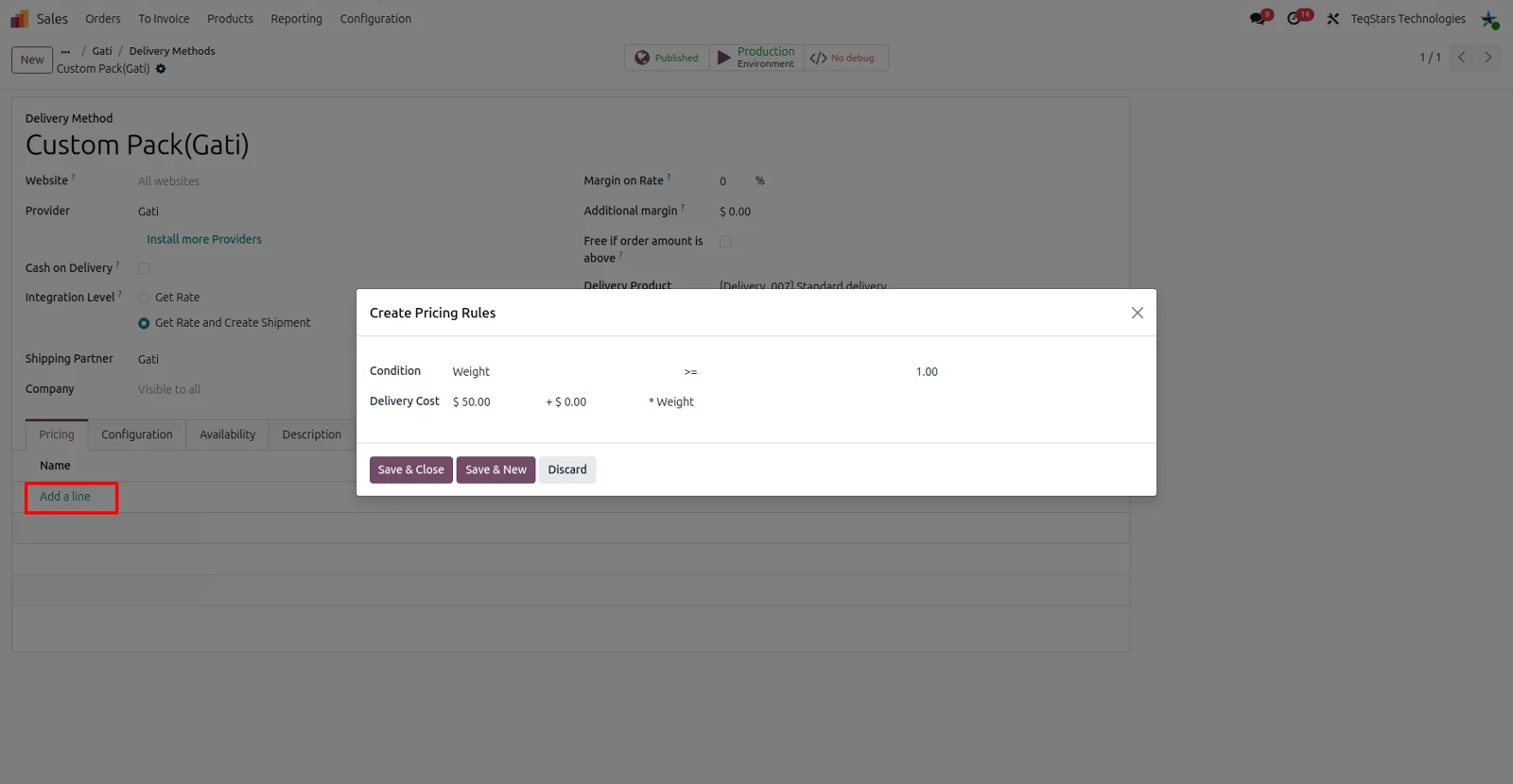 Pricing fields on the Gati delivery method in Odoo, set up through Gati Connector