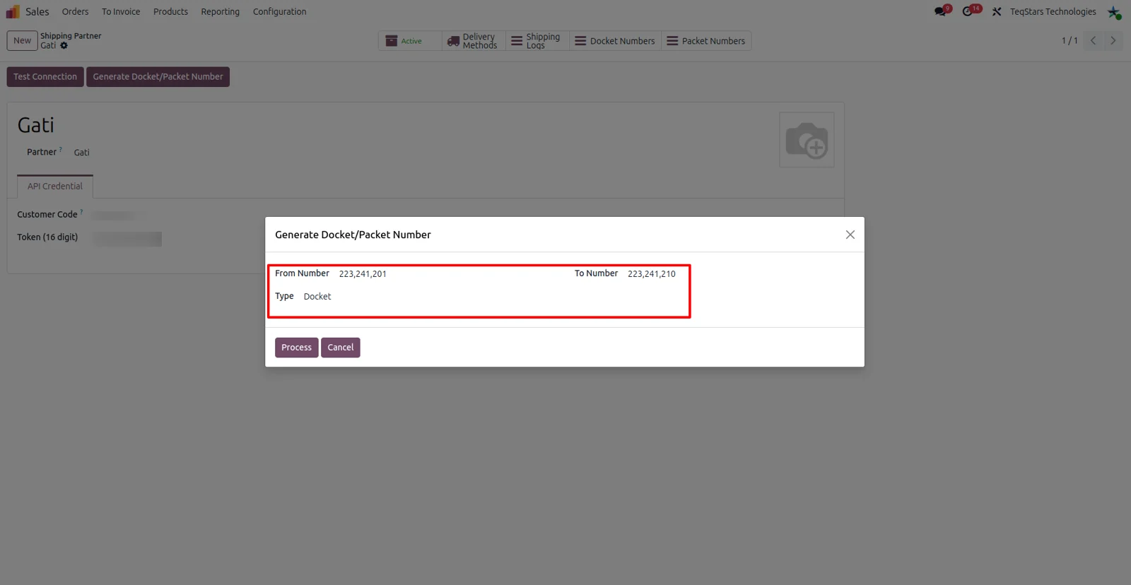 Requesting a range of Gati docket numbers in Odoo through Gati Connector