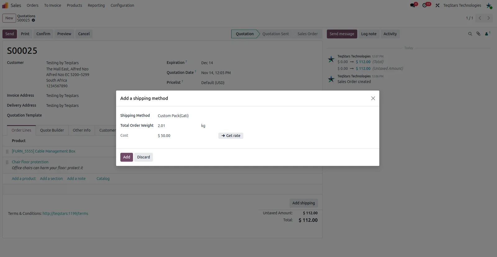 Odoo sales order with the Gati delivery method selected for shipping
