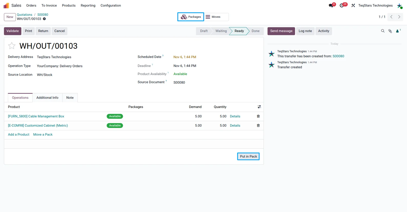 Put in Pack operation in Odoo creating several packages for one EasyPost shipment