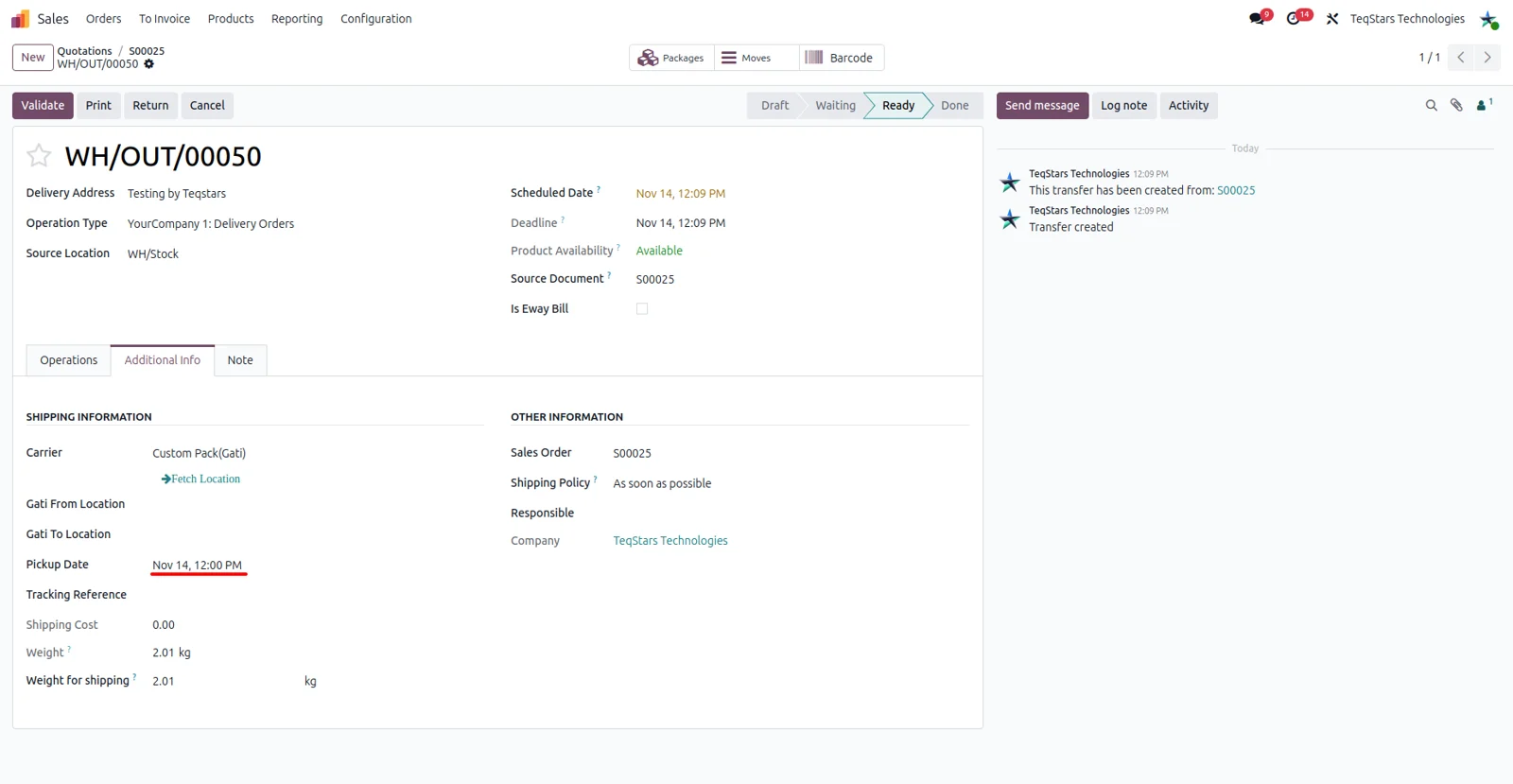 Pickup date field on an Odoo delivery order added by Gati Connector