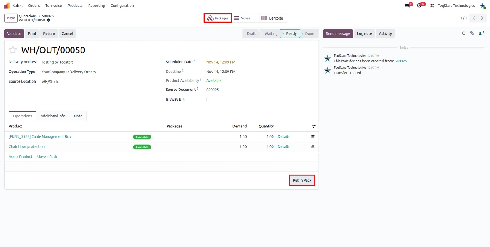 Put in Pack operation on an Odoo delivery order preparing multiple Gati parcels