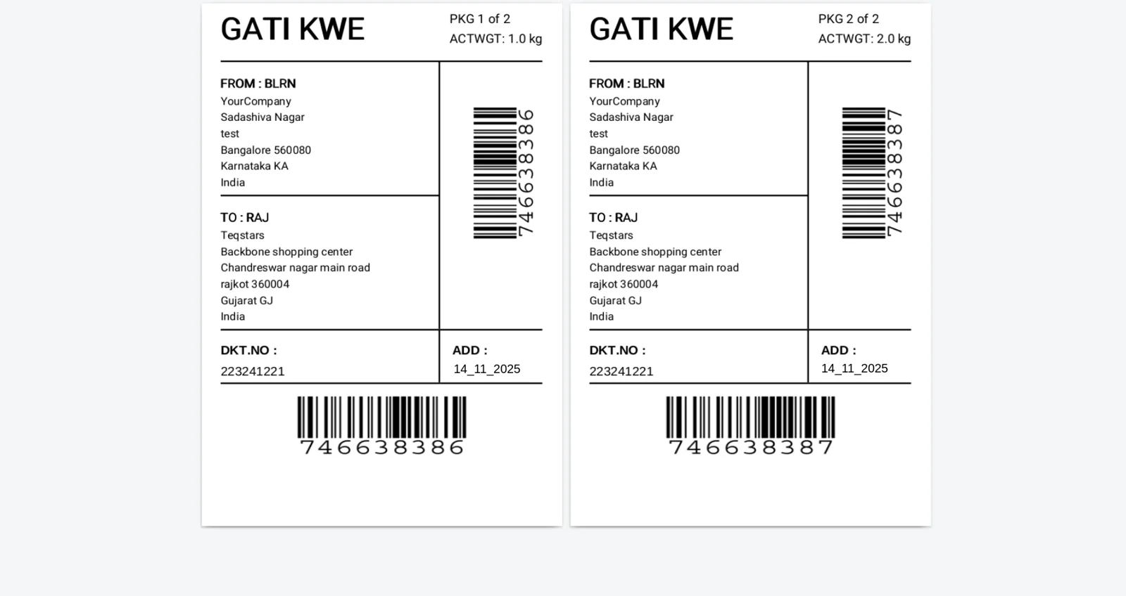 Gati shipping label generated in Odoo after validating the delivery order