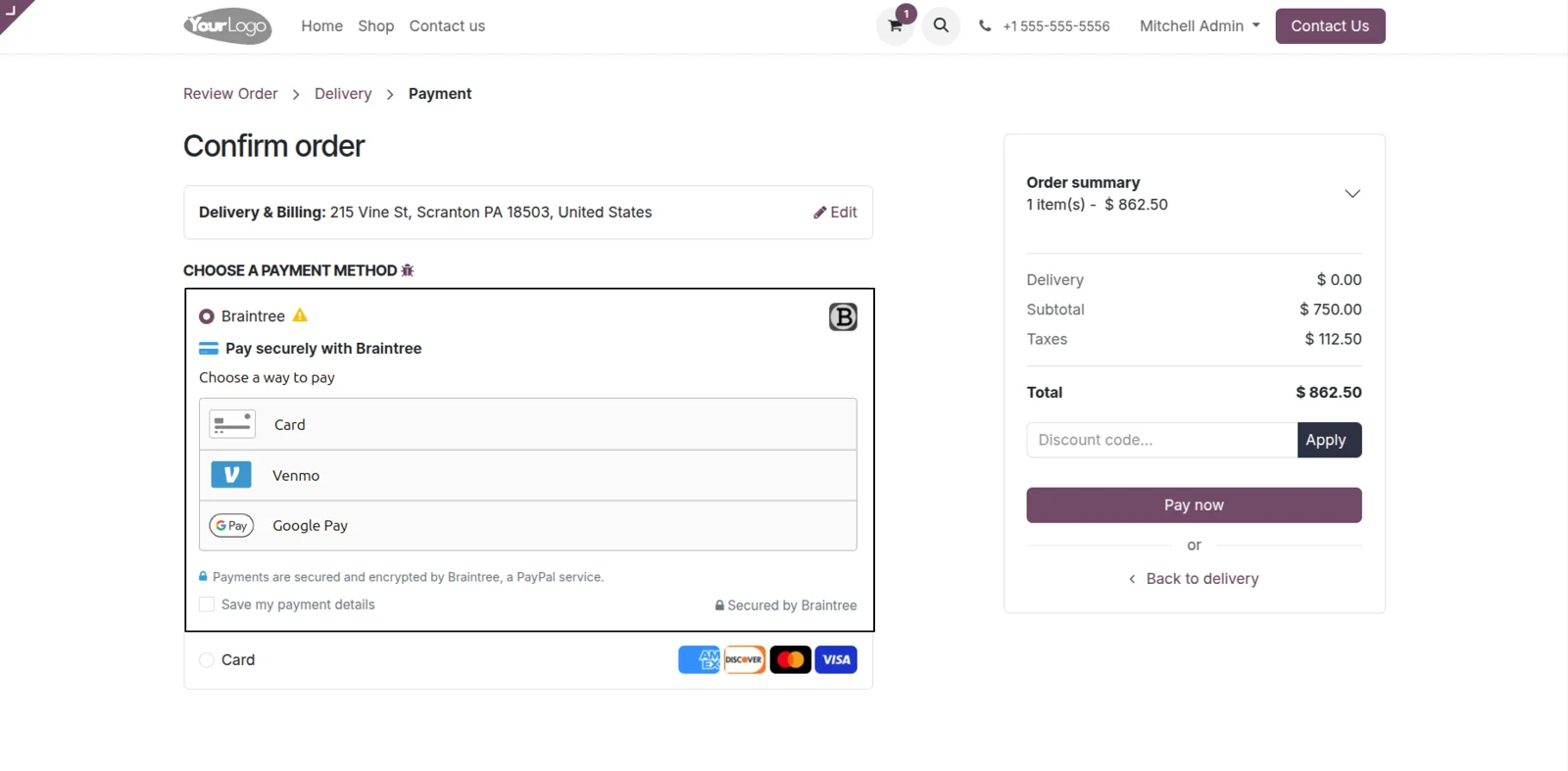 Odoo website checkout with the Braintree Drop-in widget showing card fields, Google Pay, Apple Pay and Venmo