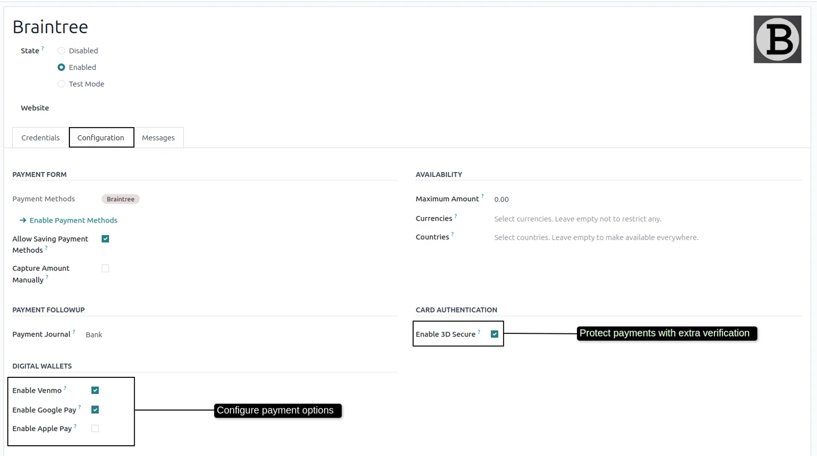 Configuration tab of the Braintree Cards provider in Odoo with wallet, 3D Secure and saved card toggles