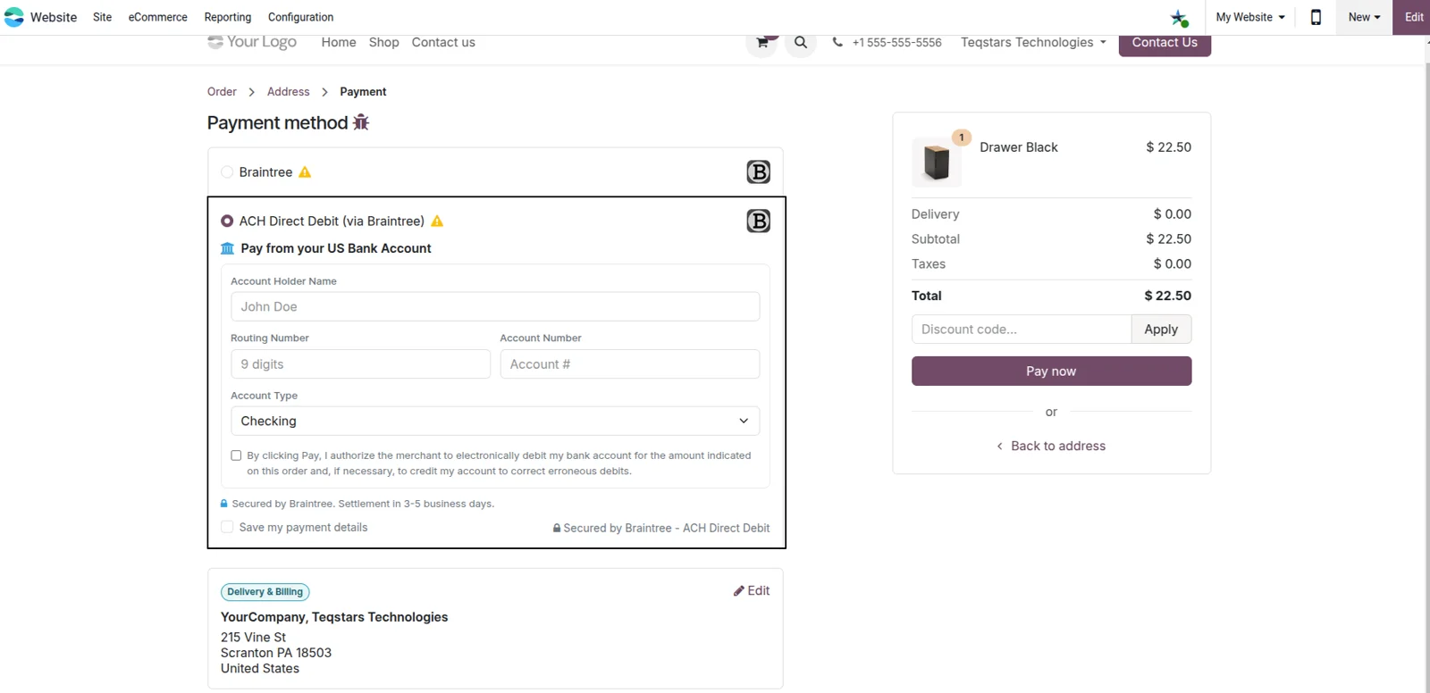 Braintree ACH Direct Debit form on an Odoo checkout page with bank fields and the authorization mandate box