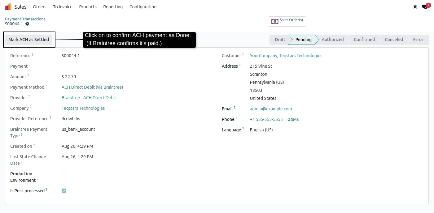 Odoo payment transaction for an ACH payment in Pending state with the Mark ACH as Settled button