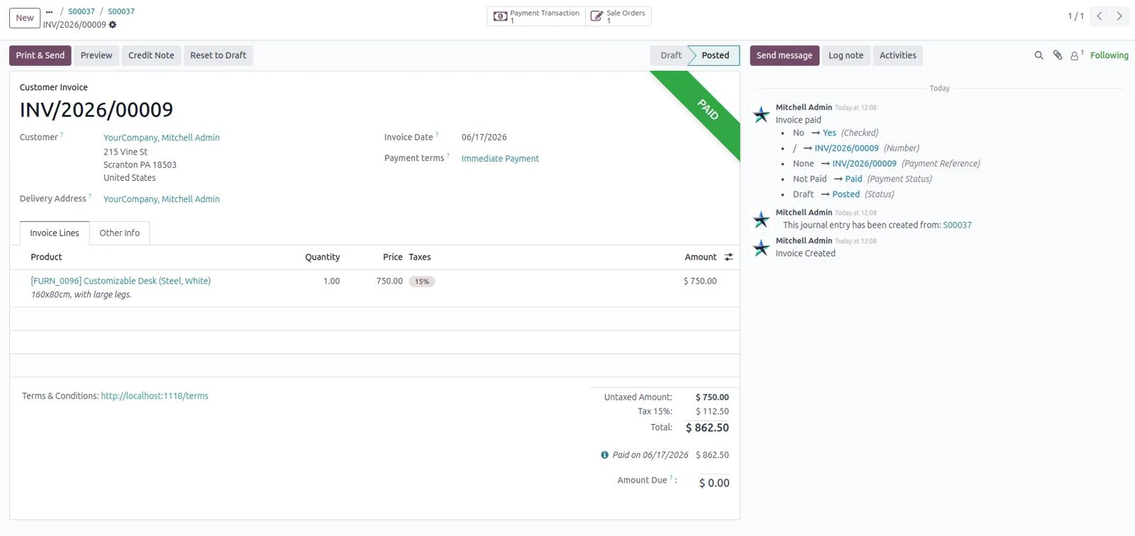 Odoo customer invoice marked Paid and reconciled after a Braintree payment reached Done