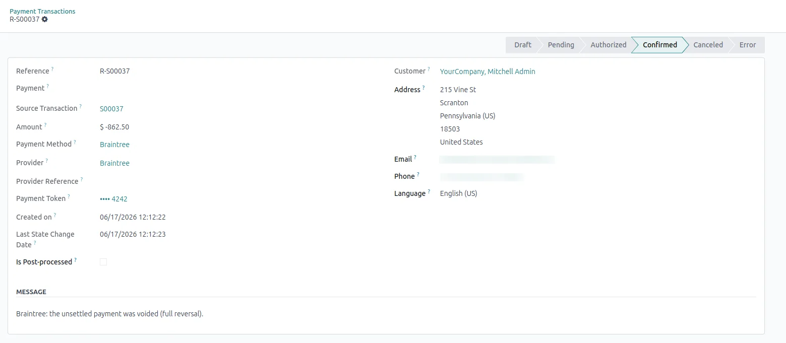 Odoo reversal transaction showing a Braintree void of an unsettled card charge