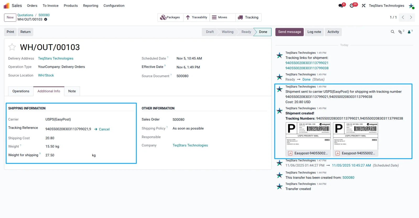 Odoo delivery order showing the EasyPost tracking number and generated shipping label