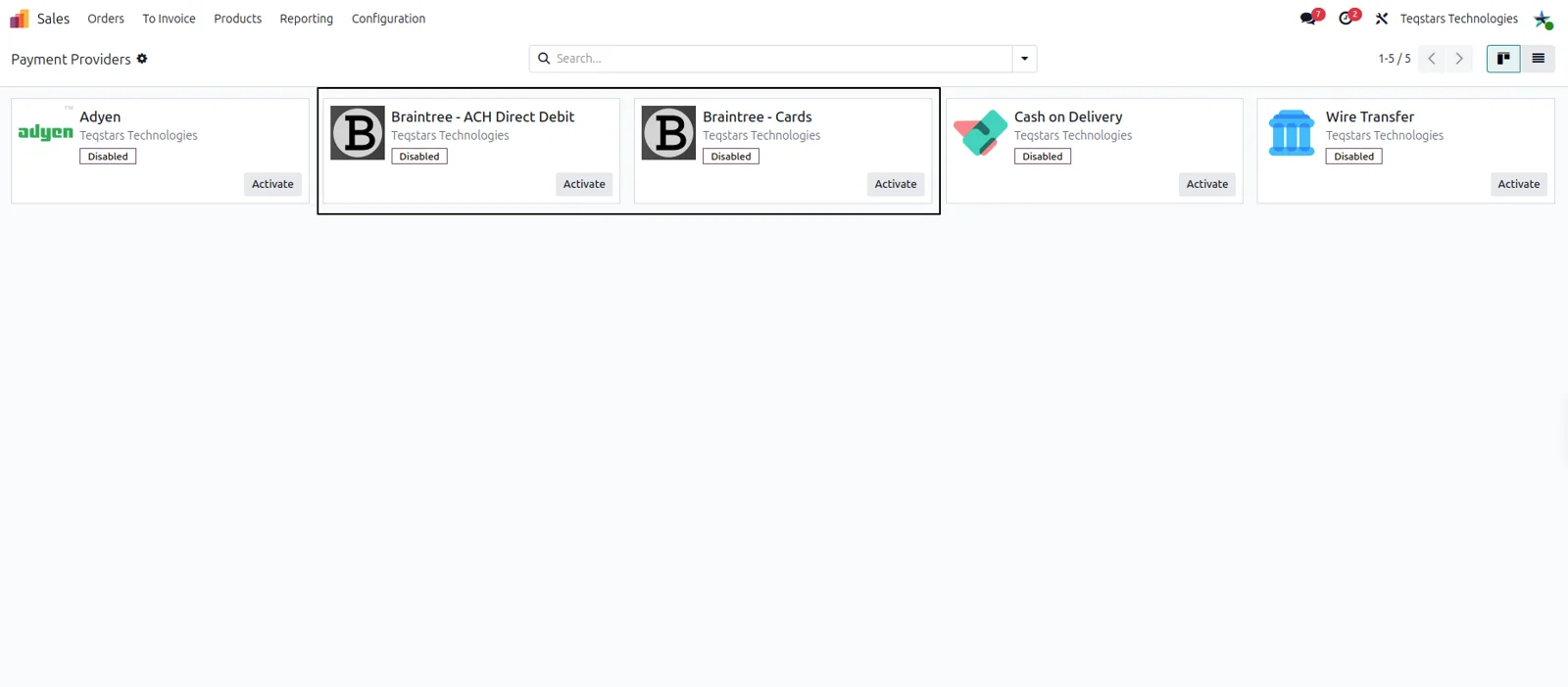 Odoo Payment Providers list with Braintree Cards and Braintree ACH Direct Debit as separate providers