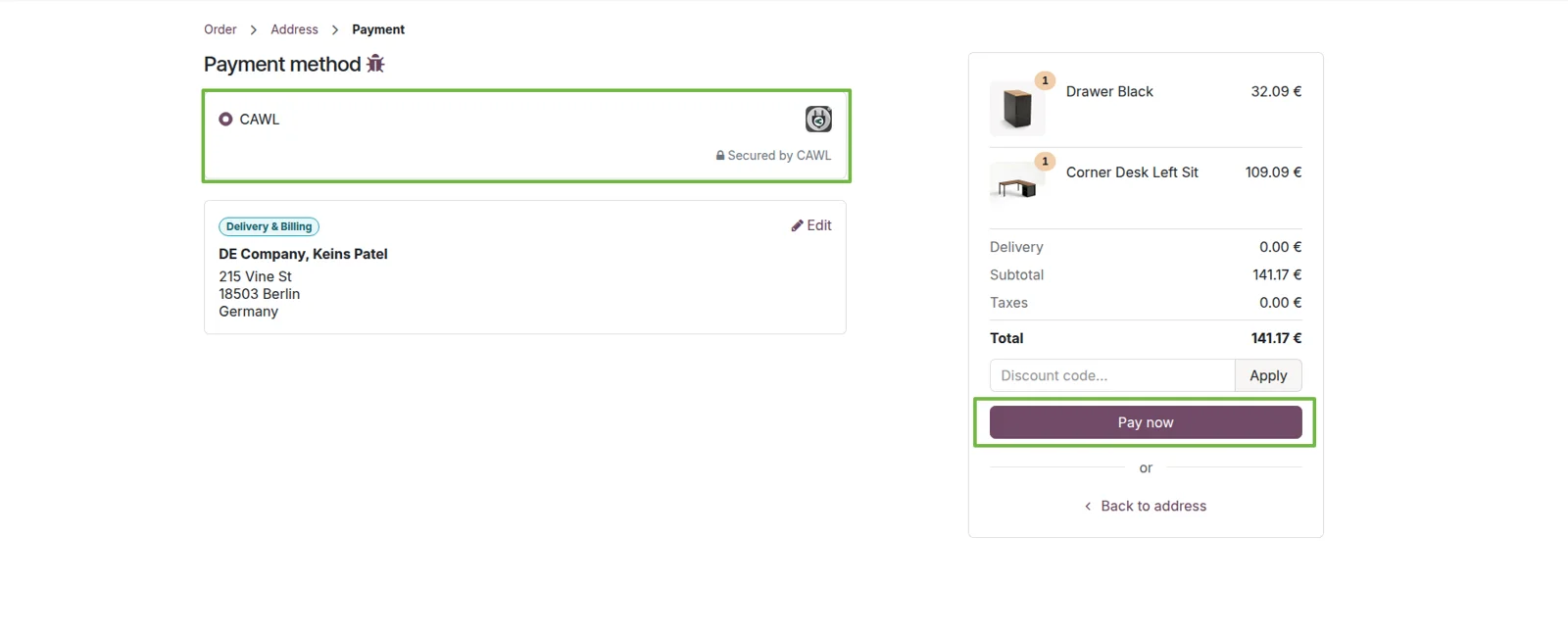 The Odoo payment screen with CAWL listed as a payment option next to a saved card