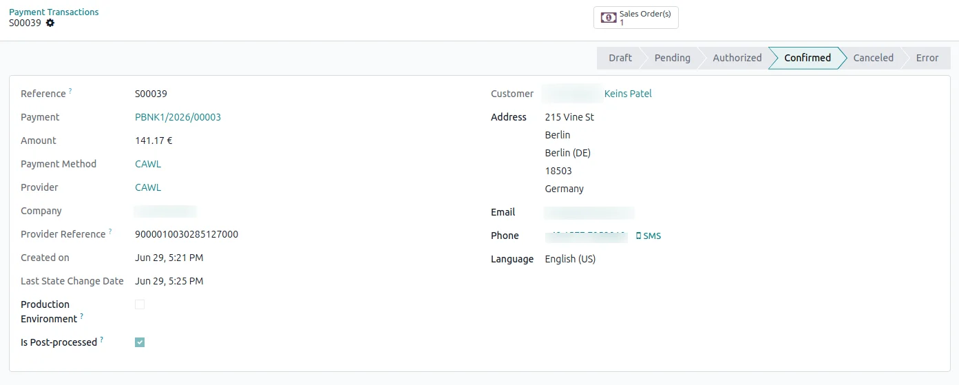 An Odoo CAWL payment transaction showing the Done status after confirmation