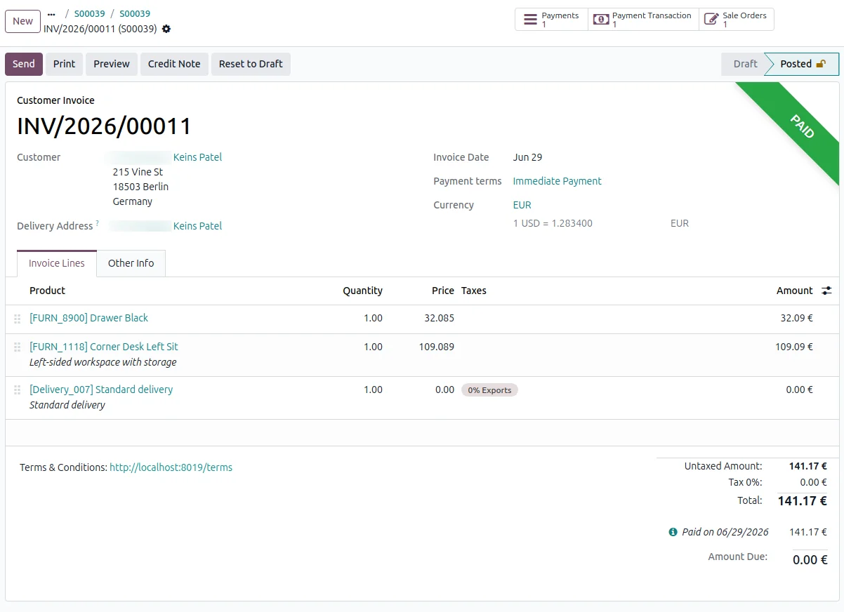 An Odoo customer invoice marked paid after the matching CAWL payment was reconciled