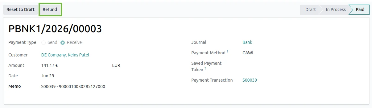 The Refund action on a CAWL payment in Odoo, set for a full or partial amount