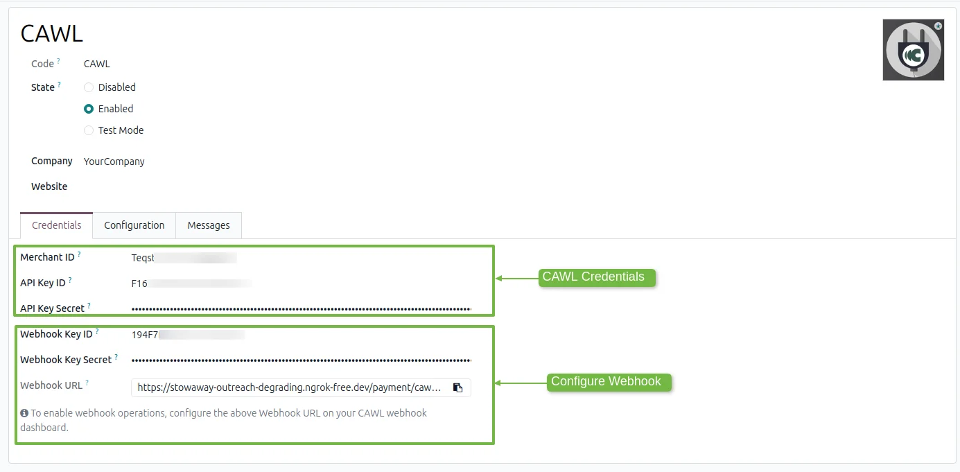 Odoo CAWL Payment Gateway provider settings with credentials, mode and manual capture options