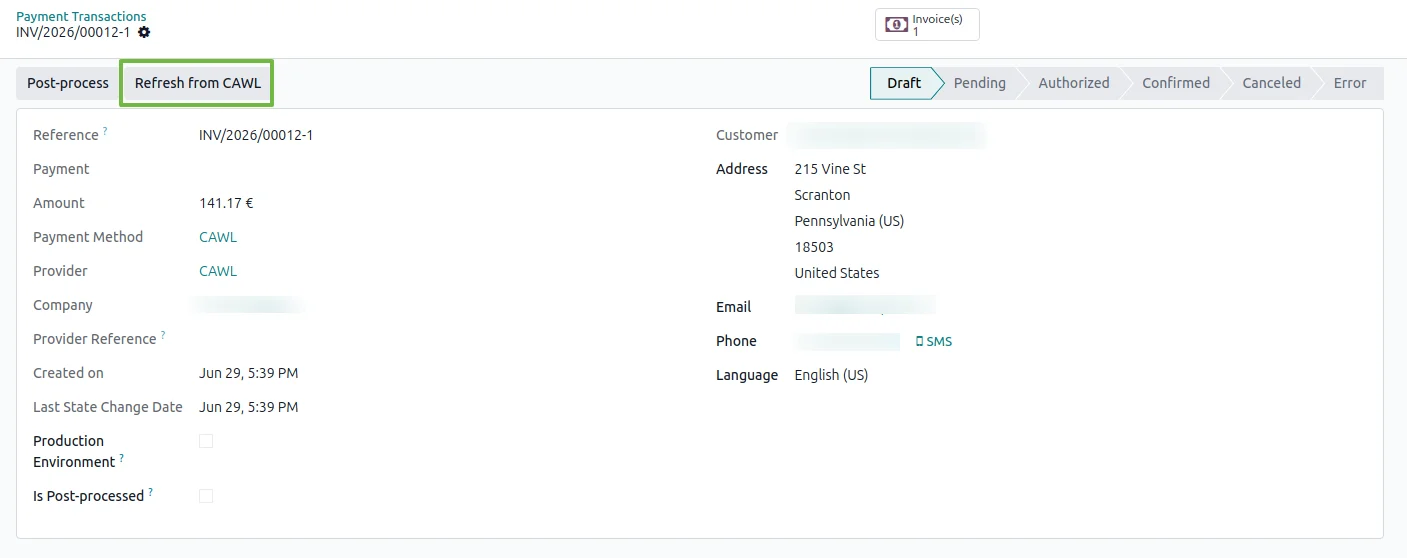 The Refresh from CAWL button on an Odoo payment transaction form