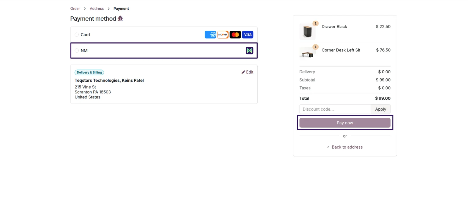 Odoo checkout with the single NMI option open, showing the Card and Bank Account picker inside it.