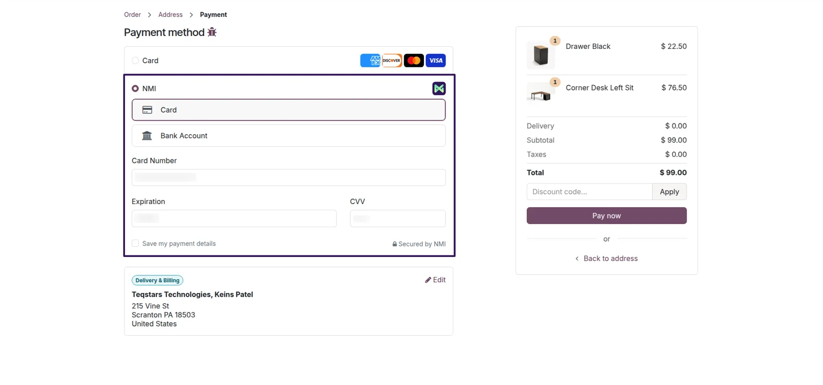 Card number, expiry and security code in NMI-hosted fields on the Odoo checkout page.