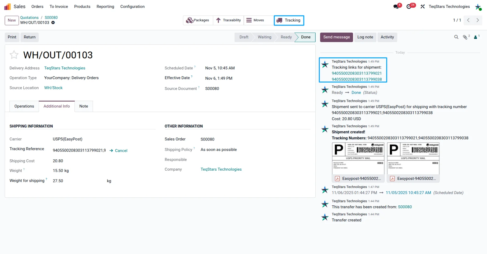 Shipment tracking opened from an Odoo delivery order, showing EasyPost status and location