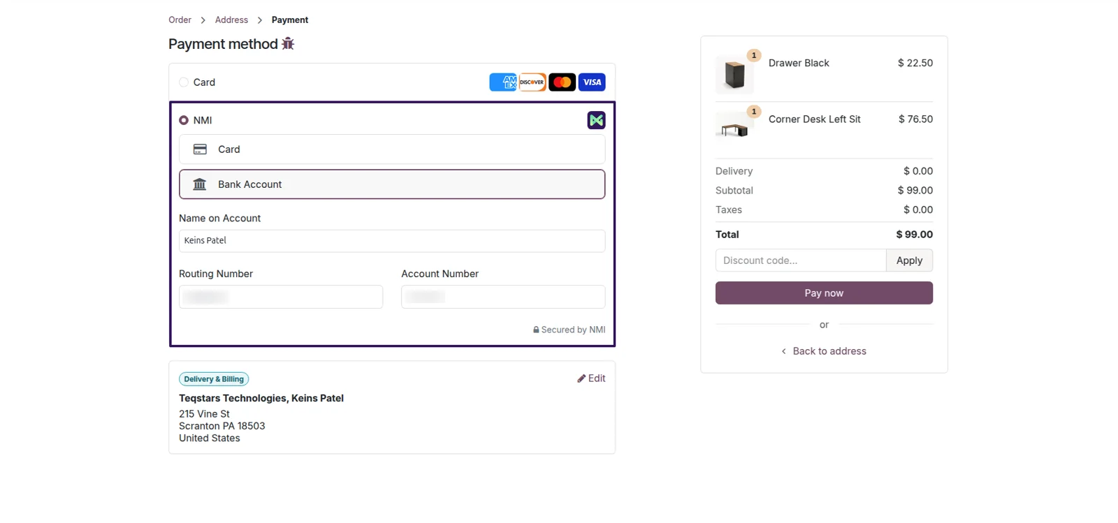 Bank Account selected at the Odoo checkout, with name, routing number and account number fields served by NMI.