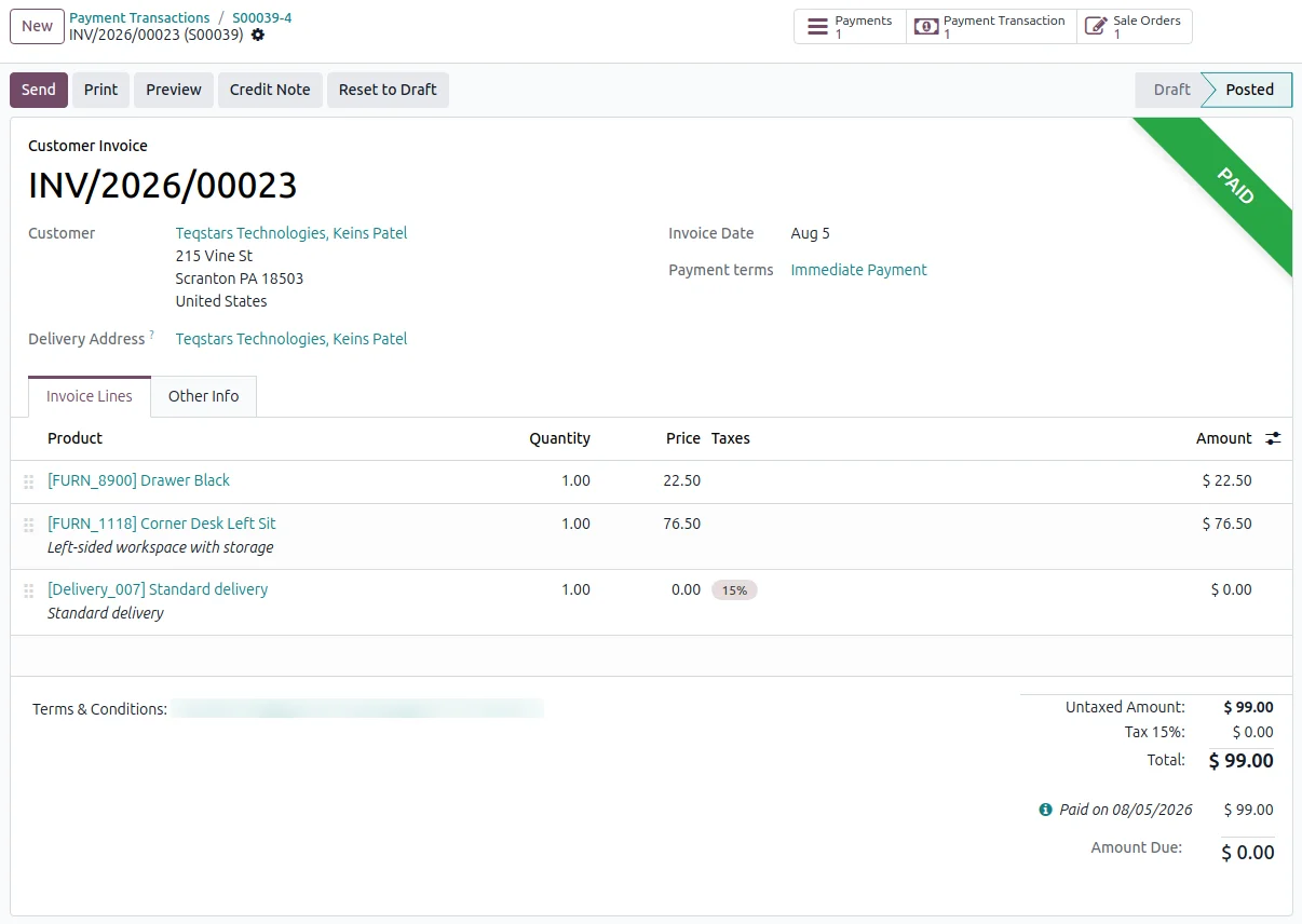 An Odoo customer invoice reconciled and marked paid after the NMI payment was approved.