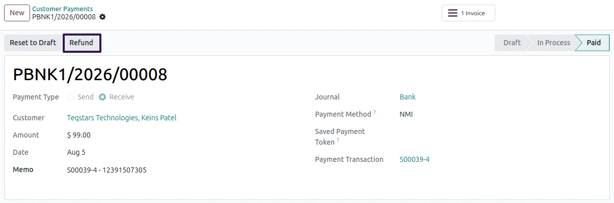 Refund screen on an Odoo NMI transaction, prepared for a full or partial card refund.