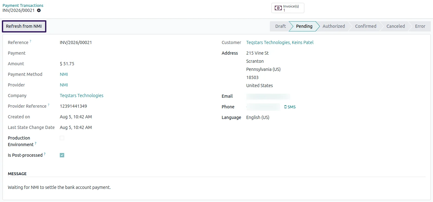 The Refresh from NMI button on an Odoo payment transaction, pulling the current status.