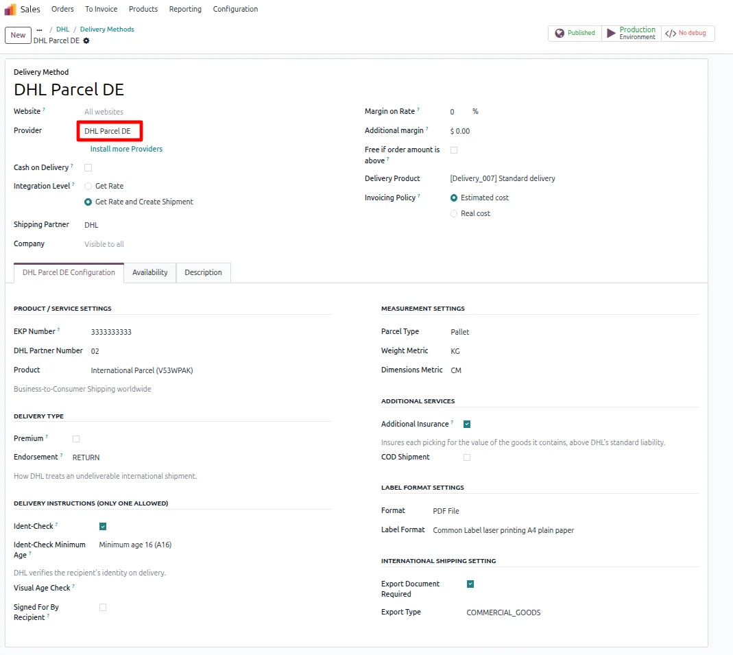 Odoo delivery method form with the DHL Parcel DE Configuration tab, EKP number, product and service fields