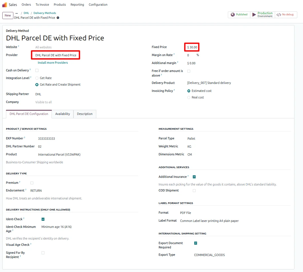 Odoo delivery method using DHL Parcel DE with Fixed Price and its delivery product