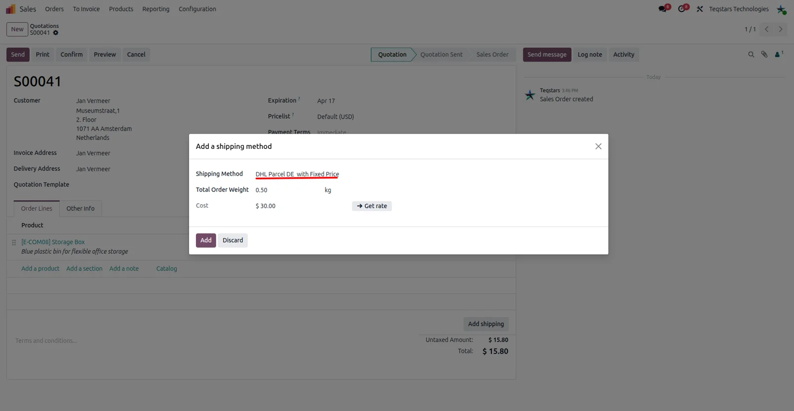 Add Shipping dialog on an Odoo sales order with a DHL Parcel DE fixed price method and order weight