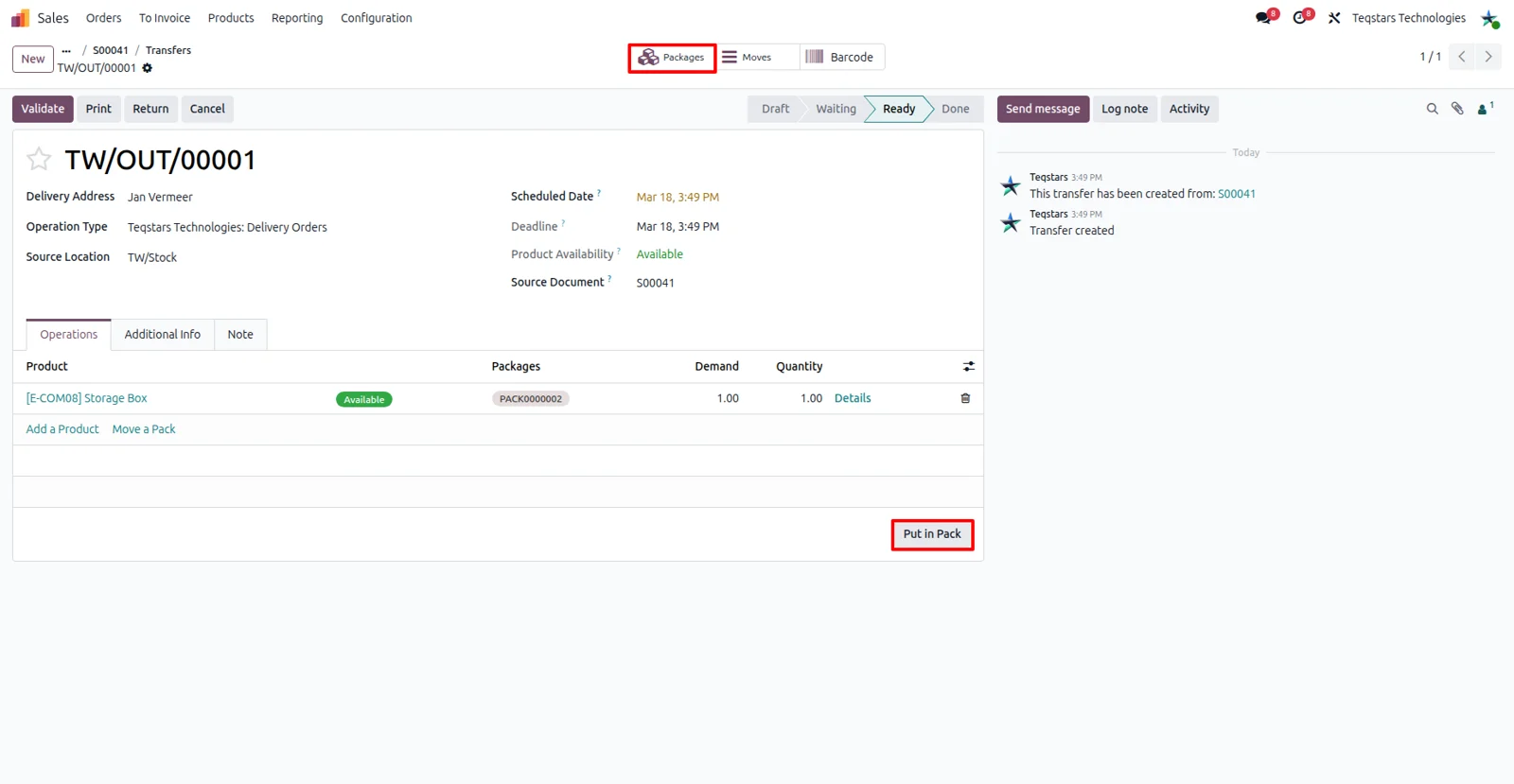 Odoo delivery order split into several packages with package types for DHL Parcel DE