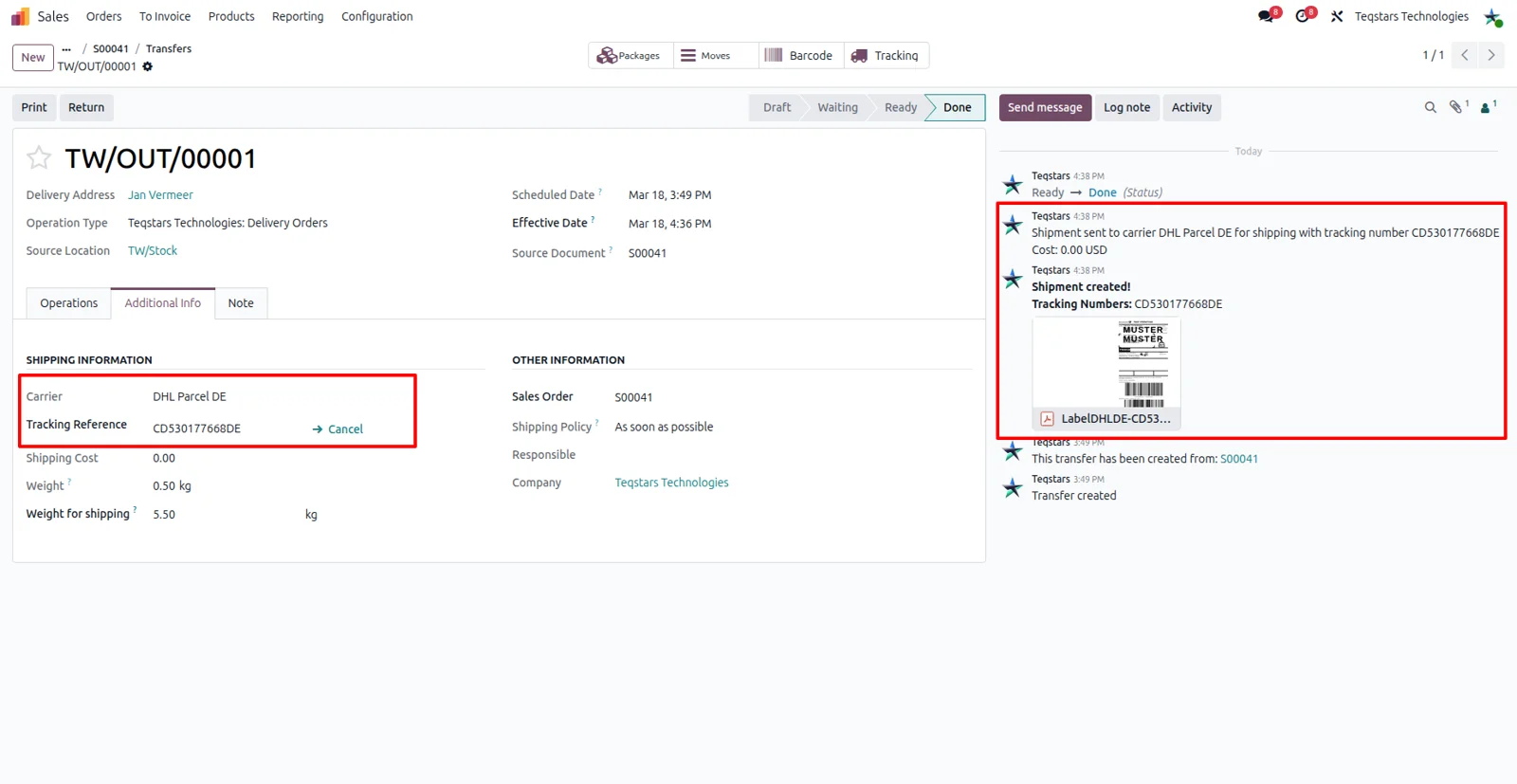 Odoo delivery order showing the DHL Parcel DE tracking number and the attached shipping label