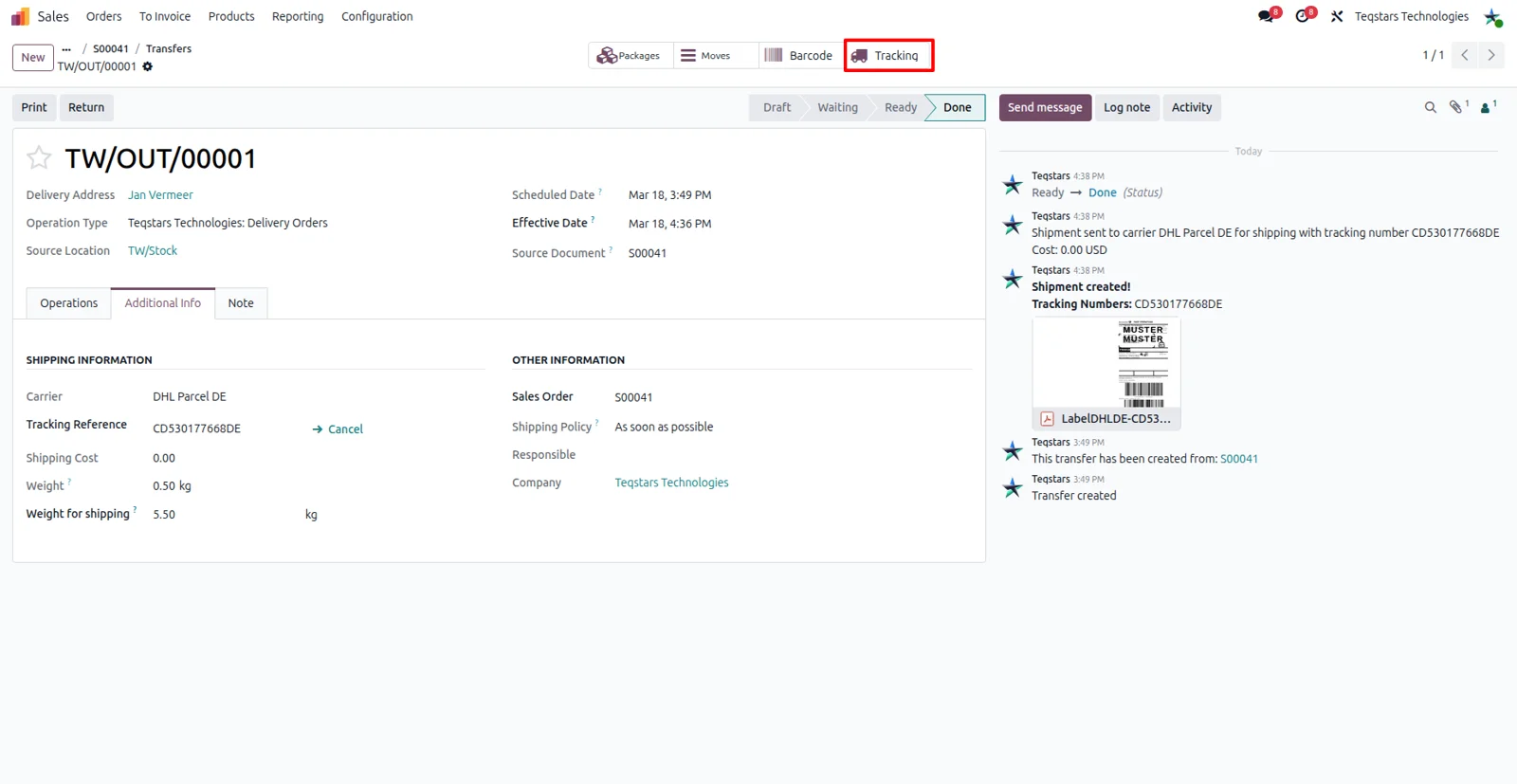 DHL tracking portal opened from an Odoo delivery order, showing parcel status and location