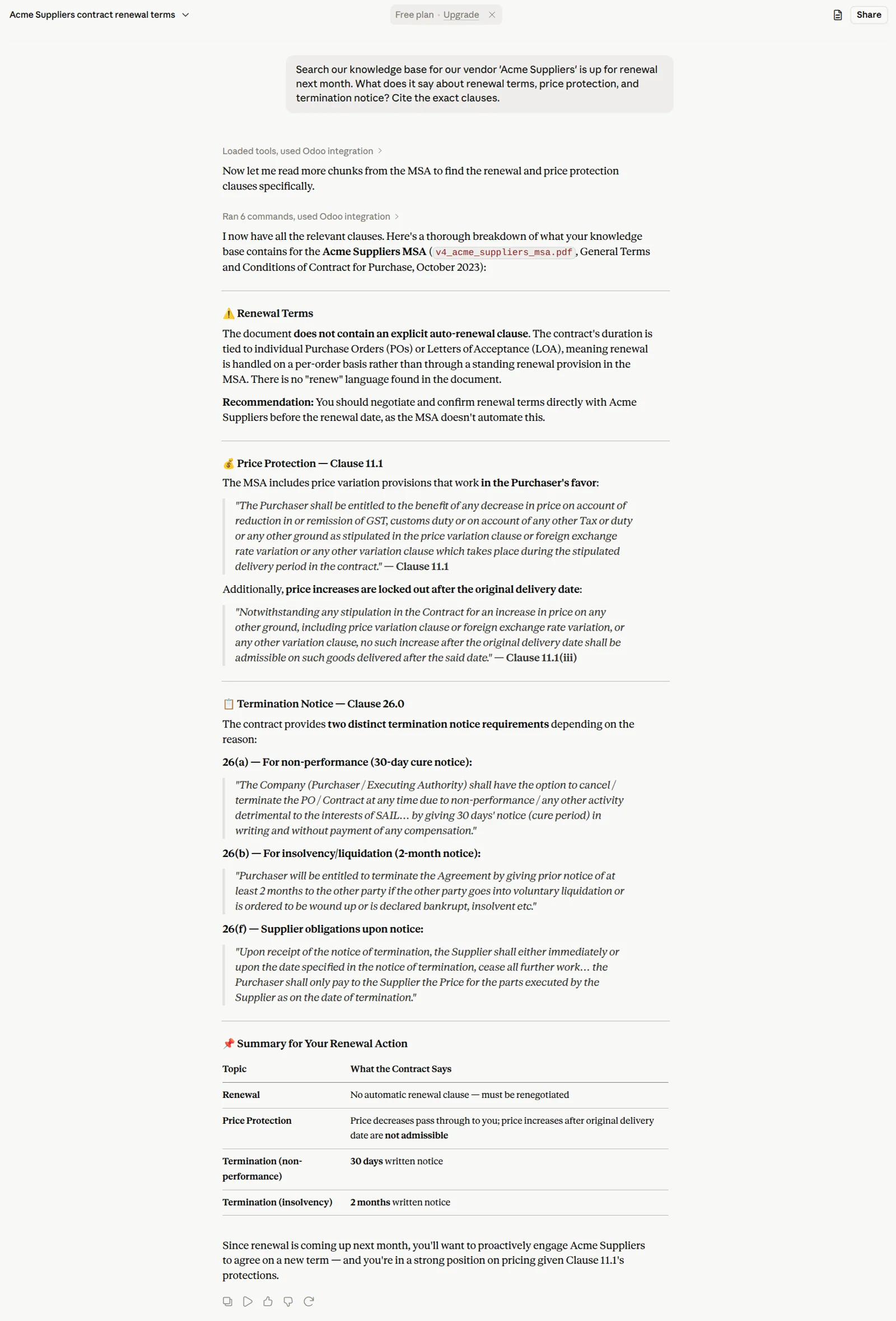 Odoo document Q&A in the Advanced MCP Server: a plain-English question, the AI answer and the quoted source paragraph