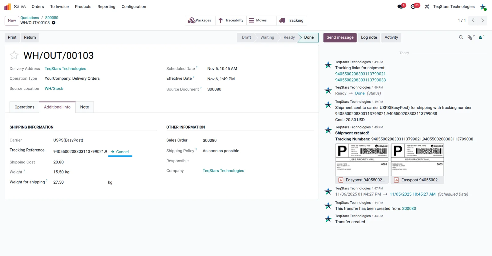 Cancel shipment button on an Odoo delivery order canceling the booking in EasyPost