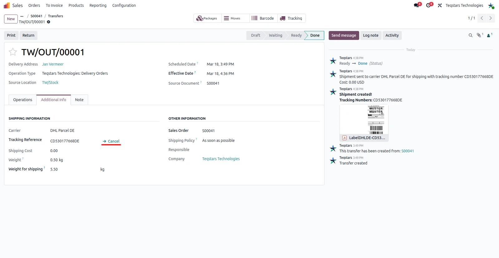 Cancel button on an Odoo delivery order withdrawing a DHL Parcel DE shipment