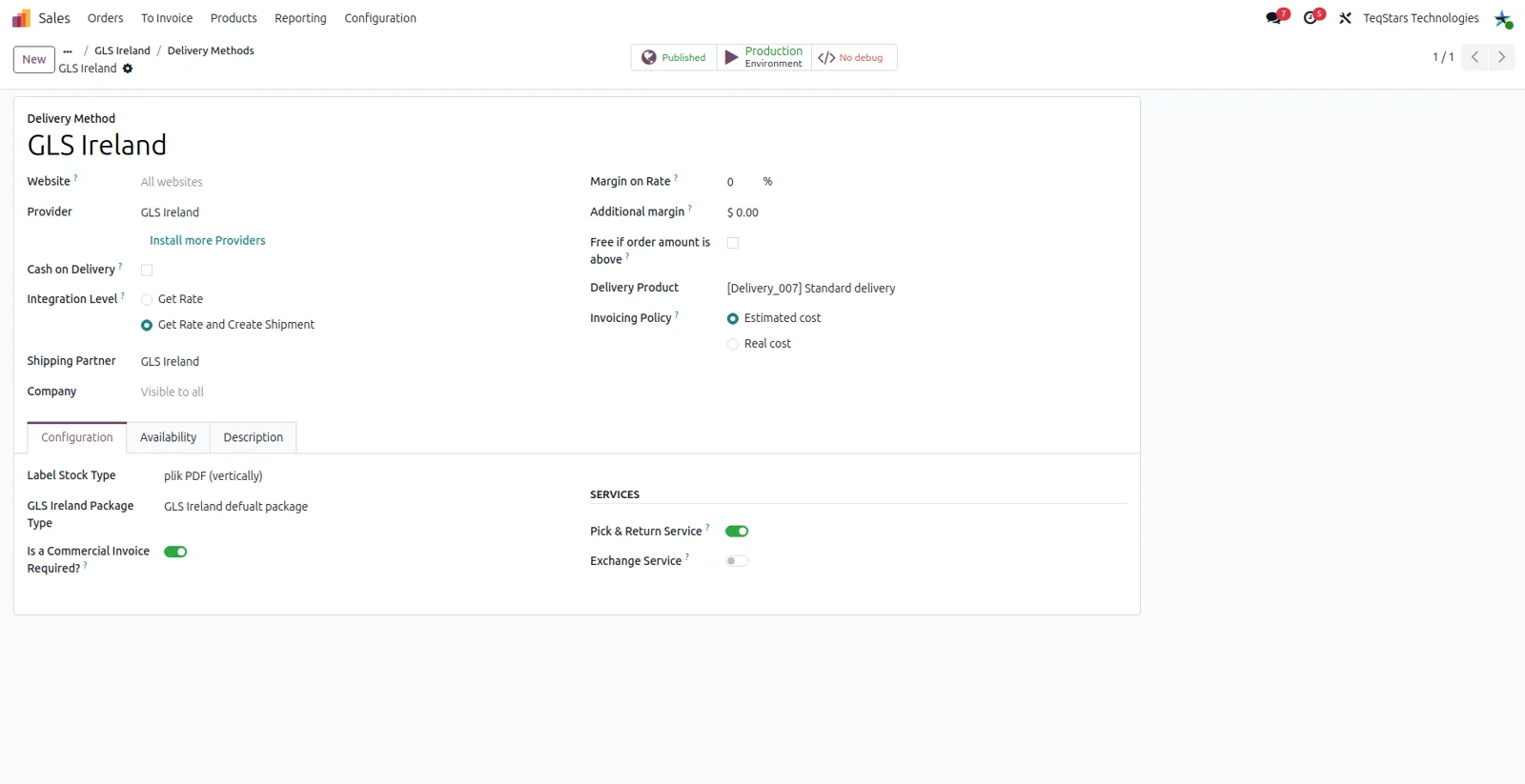 The Odoo delivery method form with GLS Ireland selected as the shipping provider