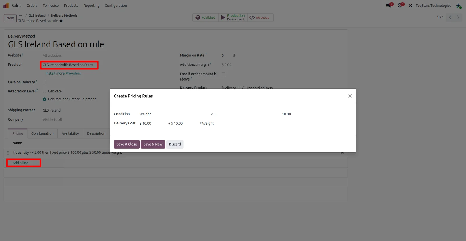 Pricing rules set on a GLS Ireland delivery method in Odoo, with a price per condition