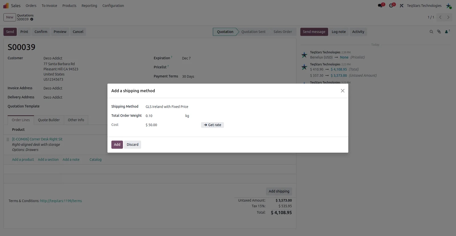An Odoo sale order showing the GLS fixed price delivery method and its shipping cost